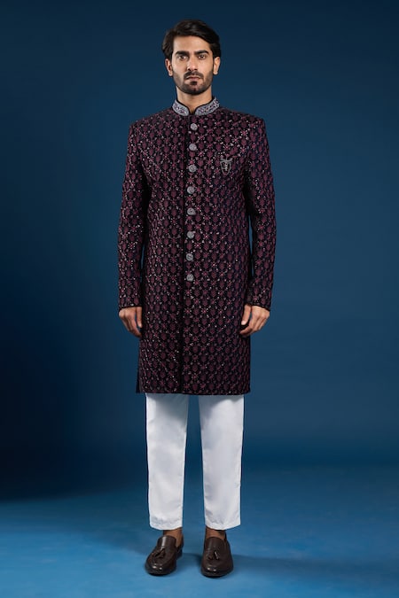 Arihant Rai Sinha_Navy Velvet, Cotton Embroidery, Zari Blue Sherwani Set _Online_at_Aza_Fashions