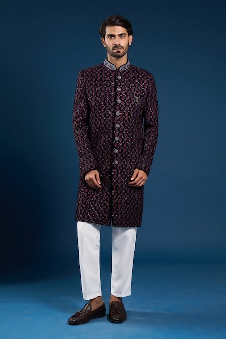 Buy_Arihant Rai Sinha_Navy Velvet, Cotton Embroidery, Zari Blue Sherwani Set _Online_at_Aza_Fashions