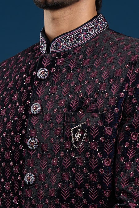 Shop_Arihant Rai Sinha_Navy Velvet, Cotton Embroidery, Zari Blue Sherwani Set _Online_at_Aza_Fashions