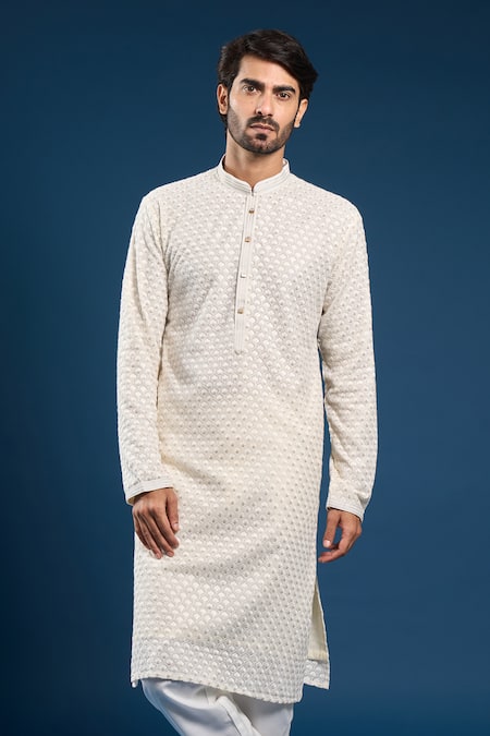 Shop_Arihant Rai Sinha_Beige Georgette, Cotton Sequins, Embroidery Thread Kurta Set _Online_at_Aza_Fashions