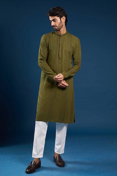 Arihant Rai Sinha Olive Green Georgette, Cotton Sequins Thread Work Kurta Set at Aza Fashions Arihant Rai Sinha_Olive Green Georgette, Cotton Sequins Thread Work Kurta Set _at_Aza_Fashions