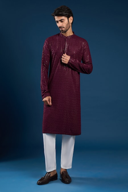 Shop_Arihant Rai Sinha_Wine Georgette, Cotton Sequins, Embroidery Thread Work Kurta And Cream Pant Set_Online_at_Aza_Fashions