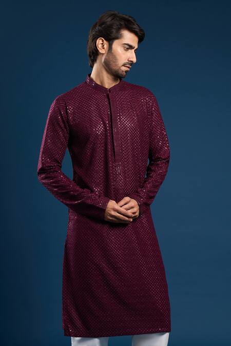 Arihant Rai Sinha_Wine Georgette, Cotton Sequins, Embroidery Thread Work Kurta And Cream Pant Set_at_Aza_Fashions