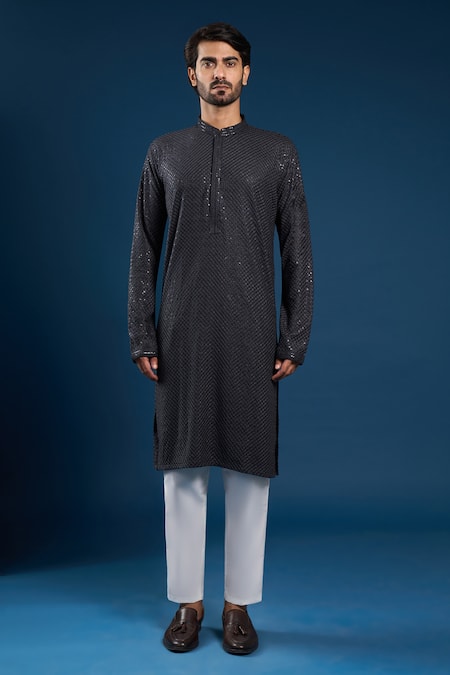 Buy_Arihant Rai Sinha_Gray Georgette, Cotton Sequins, Grey Thread Work Kurta And Cream Pant Set _Online_at_Aza_Fashions