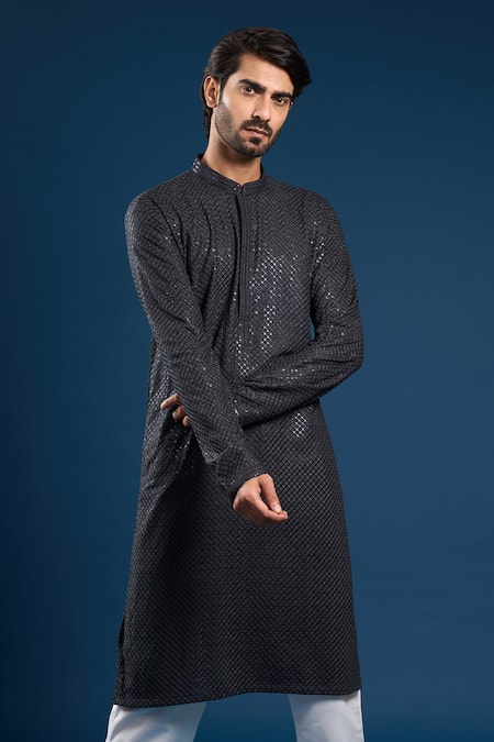 Shop_Arihant Rai Sinha_Gray Georgette, Cotton Sequins, Grey Thread Work Kurta And Cream Pant Set _Online_at_Aza_Fashions