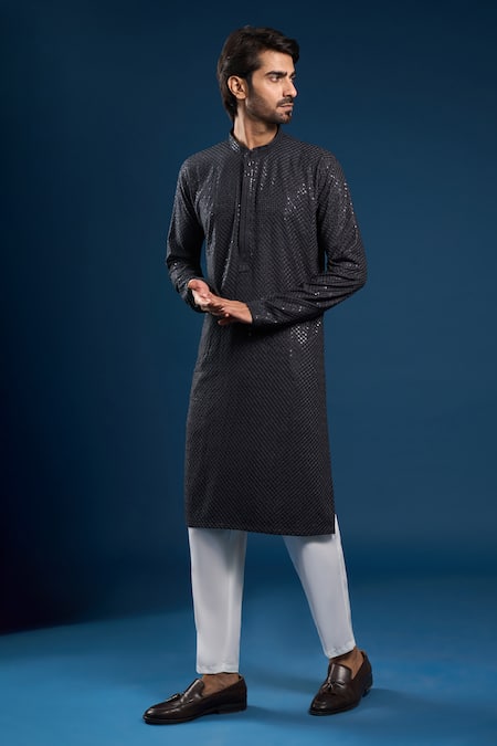 Arihant Rai Sinha_Gray Georgette, Cotton Sequins, Grey Thread Work Kurta And Cream Pant Set _at_Aza_Fashions