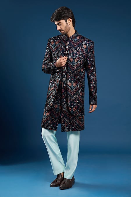 Buy_Arihant Rai Sinha_Navy Velvet, Silk, Cotton Embroidery, Zari Blue Layered Sherwani Set _Online_at_Aza_Fashions