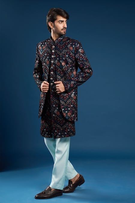Shop_Arihant Rai Sinha_Navy Velvet, Silk, Cotton Embroidery, Zari Blue Layered Sherwani Set _Online_at_Aza_Fashions