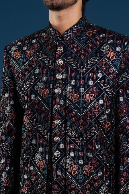Arihant Rai Sinha_Navy Velvet, Silk, Cotton Embroidery, Zari Blue Layered Sherwani Set _at_Aza_Fashions