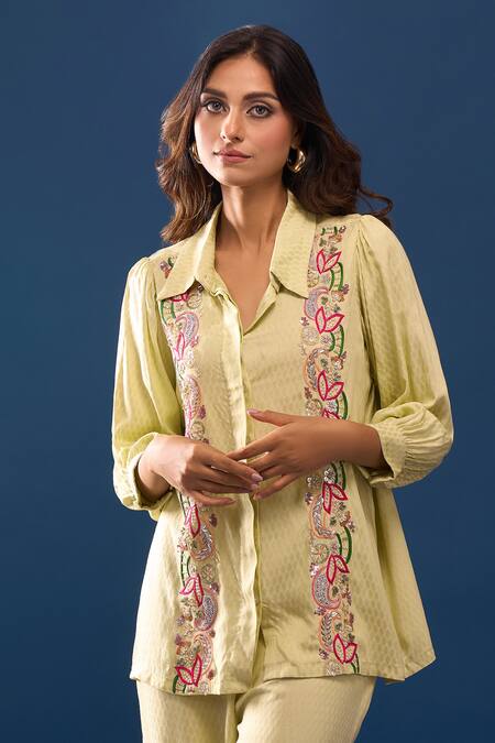 Buy_Samyukta Singhania_Green Cotton Embroidery Collared Pant Set _Online_at_Aza_Fashions