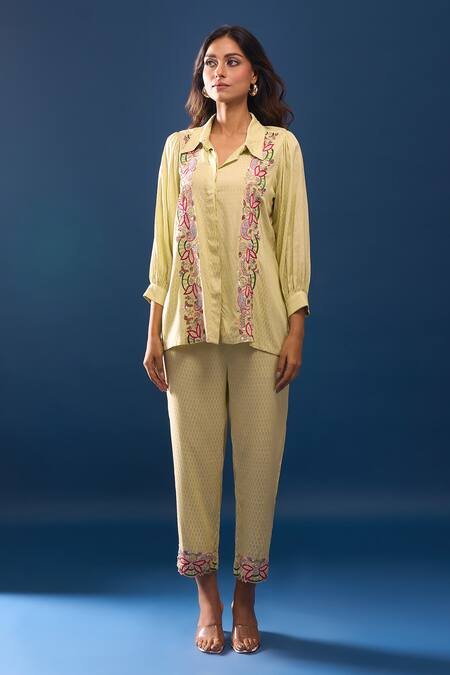 Samyukta Singhania_Green Cotton Embroidery Collared Pant Set _at_Aza_Fashions