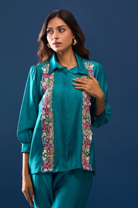 Samyukta Singhania_Green Chanderi Embroidery Collared Turquoise Pant Set _Online_at_Aza_Fashions