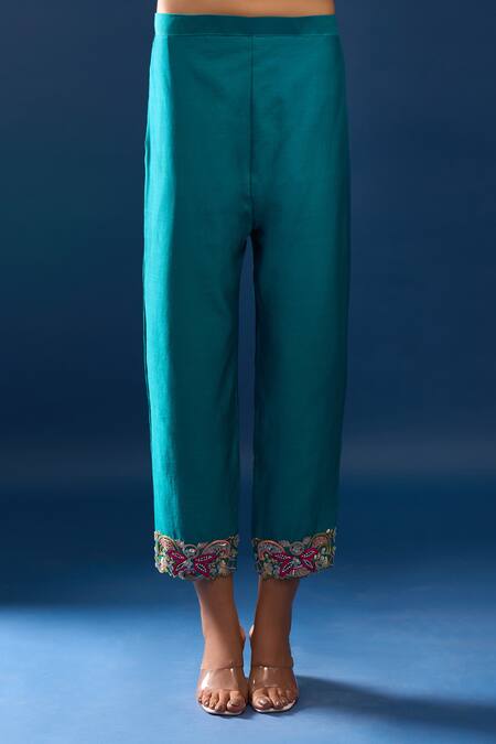 Samyukta Singhania_Green Chanderi Embroidery Collared Turquoise Pant Set _at_Aza_Fashions