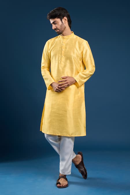 Arihant Rai Sinha Light Yellow Dupion Silk Kurta Set 