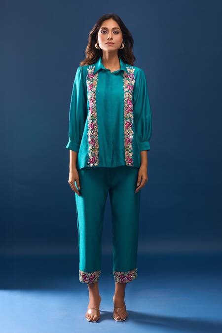 Buy_Samyukta Singhania_Green Chanderi Embroidery Collared Turquoise Pant Set _Online_at_Aza_Fashions
