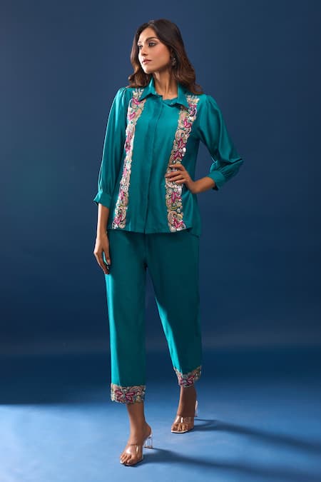 Buy_Samyukta Singhania_Green Chanderi Embroidery Collared Turquoise Pant Set 