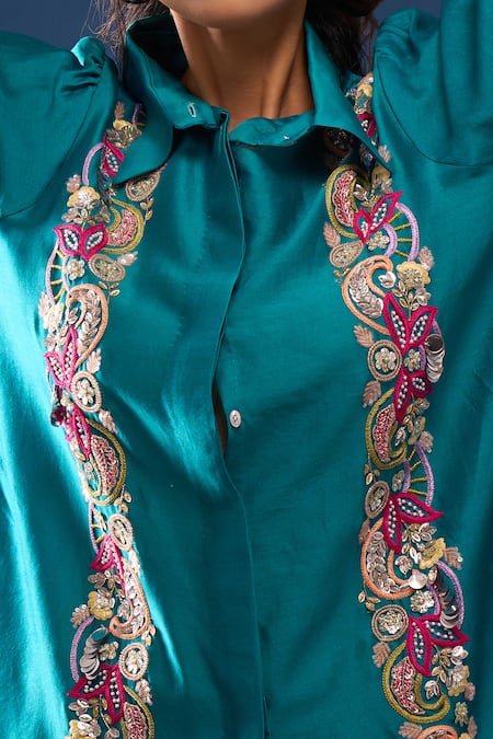 Shop_Samyukta Singhania_Green Chanderi Embroidery Collared Turquoise Pant Set _Online_at_Aza_Fashions