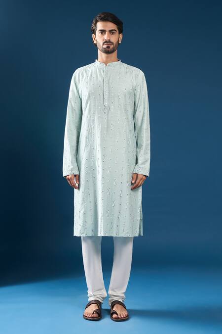 Arihant Rai Sinha_Sky Blue Silk, Polyester, Cotton Mirrors Kurta And Pyjama Set _at_Aza_Fashions