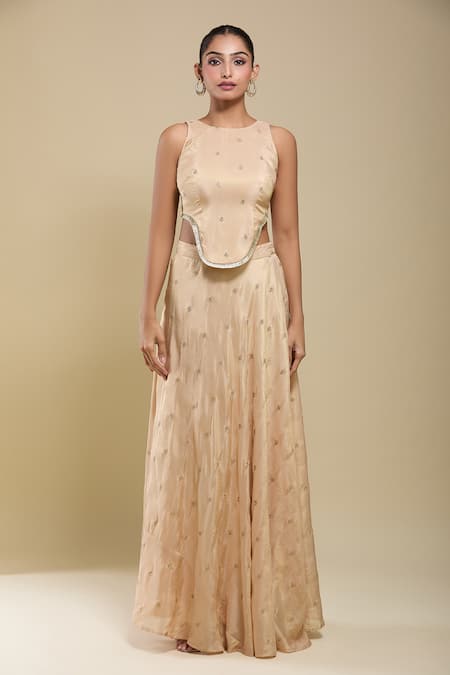 Buy_Samyukta Singhania_Beige Tissue, Organza Embroidery Round Neck Top And Skirt Set _Online_at_Aza_Fashions