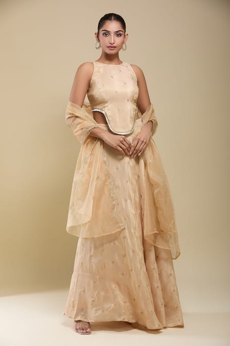 Shop_Samyukta Singhania_Beige Tissue, Organza Embroidery Round Neck Top And Skirt Set _Online_at_Aza_Fashions