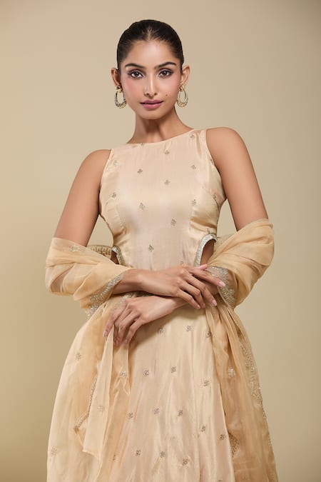 Buy_Samyukta Singhania_Beige Tissue, Organza Embroidery Round Neck Top And Skirt Set 