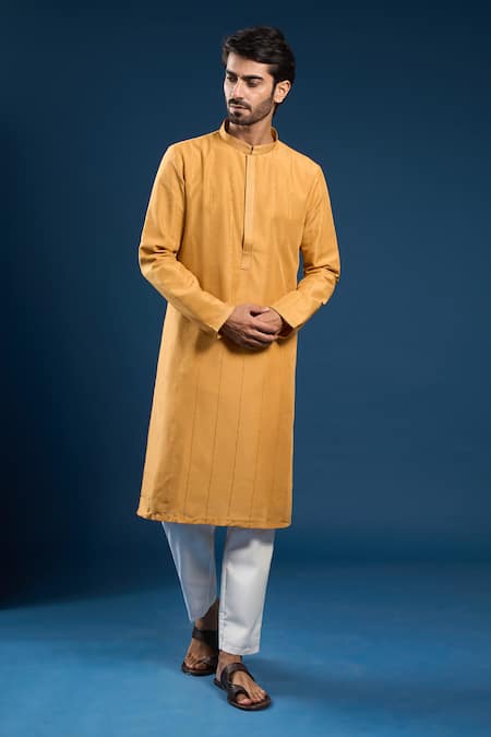 Arihant Rai Sinha Mustard Cotton Silk Kurta & Cream Pant Set 