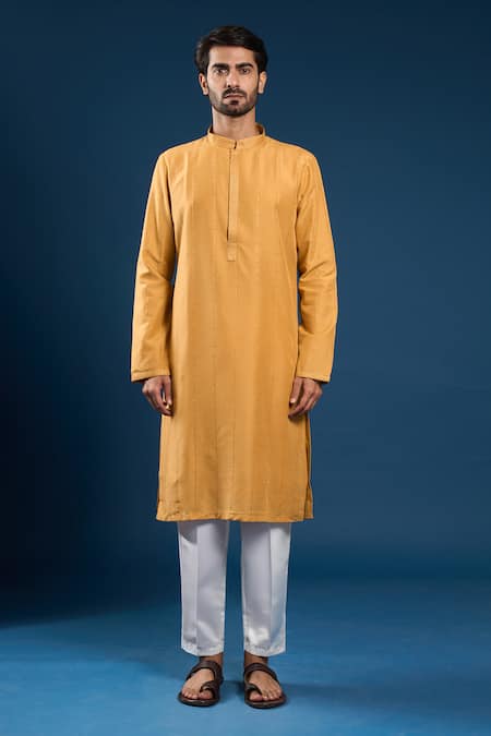Arihant Rai Sinha Mustard Cotton Silk Kurta And Cream Pant Set Online at Aza Fashions Arihant Rai Sinha_Mustard Cotton Silk Kurta And Cream Pant Set _Online_at_Aza_Fashions