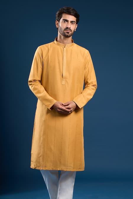 Buy Arihant Rai Sinha Mustard Cotton Silk Kurta And Cream Pant Set Online at Aza Fashions Buy_Arihant Rai Sinha_Mustard Cotton Silk Kurta And Cream Pant Set _Online_at_Aza_Fashions