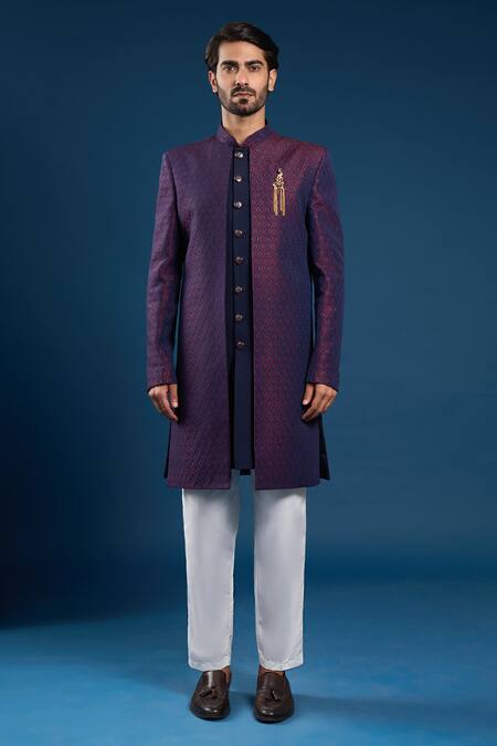 Buy_Arihant Rai Sinha_Wine Jacquard, Silk Brooches, Tassels Navy Blue Dupion Sherwani Set _Online_at_Aza_Fashions