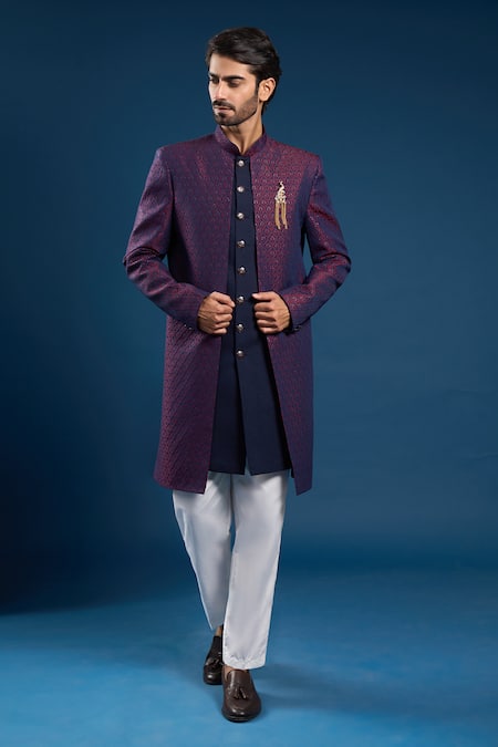 Arihant Rai Sinha_Wine Jacquard, Silk Brooches, Tassels Navy Blue Dupion Sherwani Set _at_Aza_Fashions
