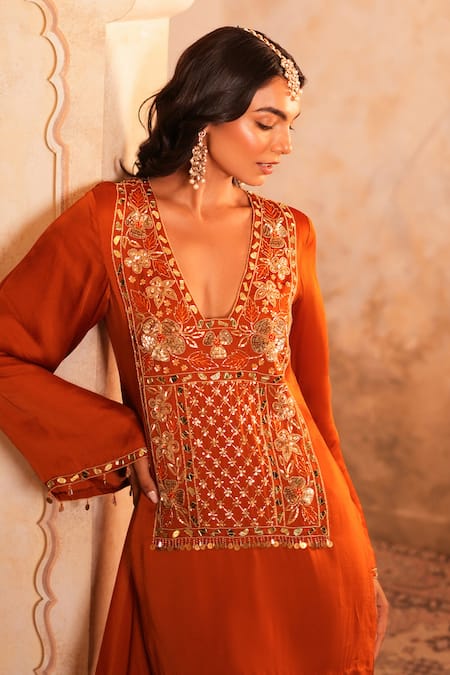 Shop_Kiran Kalsi_Rust Satin, Organza Tassels, Embroidery V-neck Orange Hand Kurta Set _Online_at_Aza_Fashions