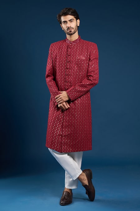 Arihant Rai Sinha Designer Red Sherwani & Pant Set 