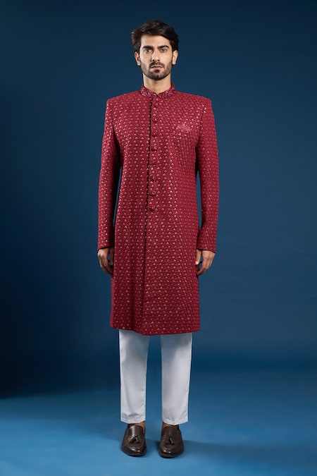 Buy_Arihant Rai Sinha_Red Georgette, Cotton Embroidery, Sequins Designer Sherwani And Pant Set _Online_at_Aza_Fashions