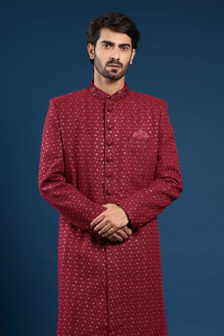Arihant Rai Sinha_Red Georgette, Cotton Embroidery, Sequins Designer Sherwani And Pant Set _at_Aza_Fashions