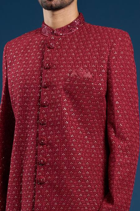 Buy_Arihant Rai Sinha_Red Georgette, Cotton Embroidery, Sequins Designer Sherwani And Pant Set 