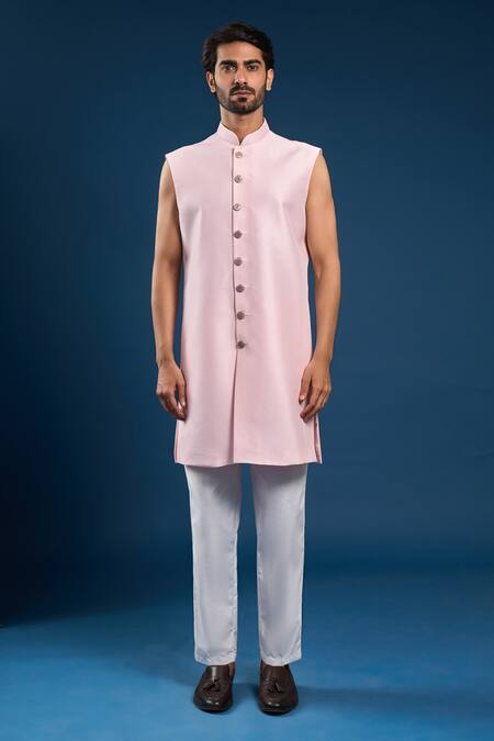 Arihant Rai Sinha_Pink Jacquard, Silk Embroidery Self Weaving Sherwani Set _Online_at_Aza_Fashions