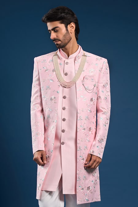 Shop_Arihant Rai Sinha_Pink Jacquard, Silk Embroidery Self Weaving Sherwani Set _Online_at_Aza_Fashions