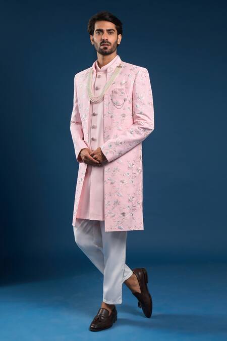 Arihant Rai Sinha_Pink Jacquard, Silk Embroidery Self Weaving Sherwani Set _at_Aza_Fashions
