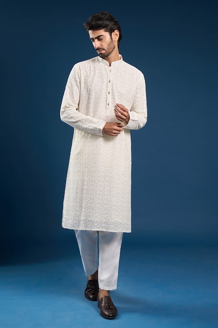 Shop_Arihant Rai Sinha_Beige Georgette, Cotton Embroidery, Sequins Thread Kurta Set _Online_at_Aza_Fashions