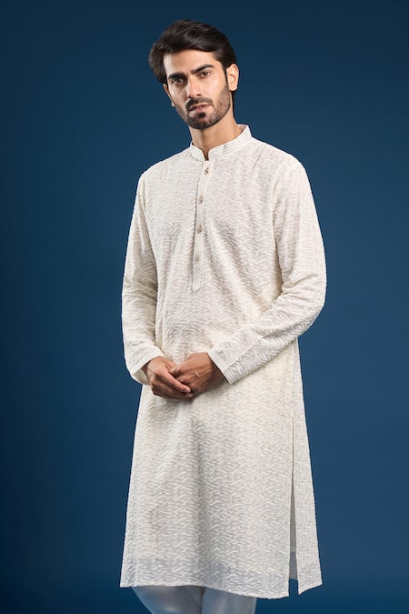 Arihant Rai Sinha_Beige Georgette, Cotton Embroidery, Sequins Thread Kurta Set _at_Aza_Fashions