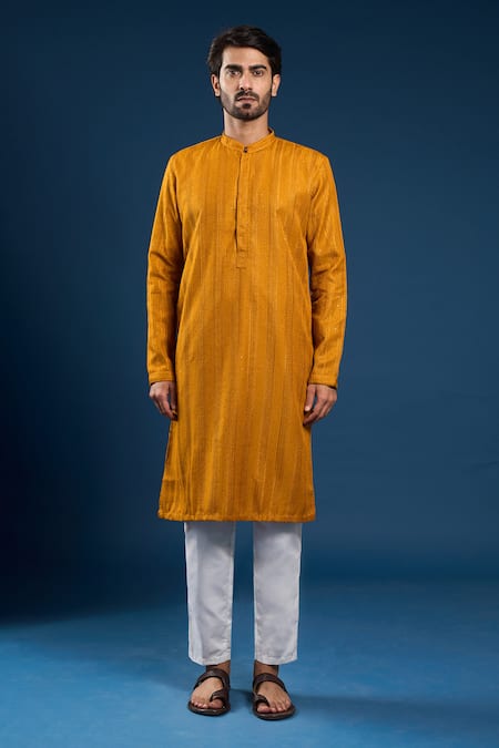 Buy_Arihant Rai Sinha_Mustard Georgette, Cotton Sequins, Embroidery Thread Work Kurta And Pant Set _Online_at_Aza_Fashions