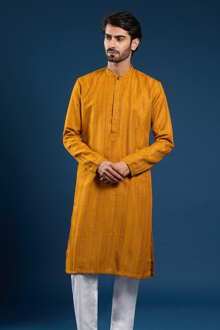 Shop_Arihant Rai Sinha_Mustard Georgette, Cotton Sequins, Embroidery Thread Work Kurta And Pant Set _Online_at_Aza_Fashions