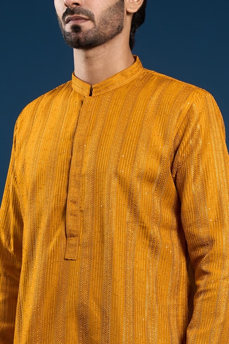 Arihant Rai Sinha_Mustard Georgette, Cotton Sequins, Embroidery Thread Work Kurta And Pant Set _at_Aza_Fashions