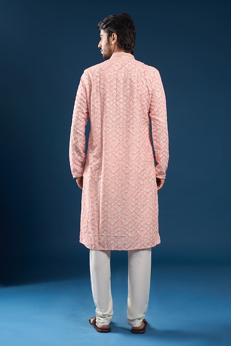 Shop_Arihant Rai Sinha_Peach Cotton, Polyester Embroidery Chikankari Printed Kurta And Pyjama Set _at_Aza_Fashions