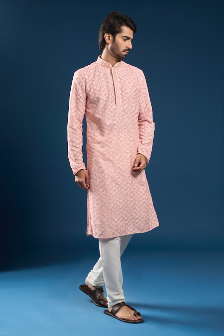 Buy_Arihant Rai Sinha_Peach Cotton, Polyester Embroidery Chikankari Printed Kurta And Pyjama Set _Online_at_Aza_Fashions