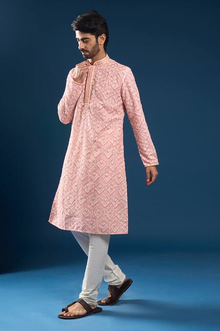 Arihant Rai Sinha_Peach Cotton, Polyester Embroidery Chikankari Printed Kurta And Pyjama Set _at_Aza_Fashions