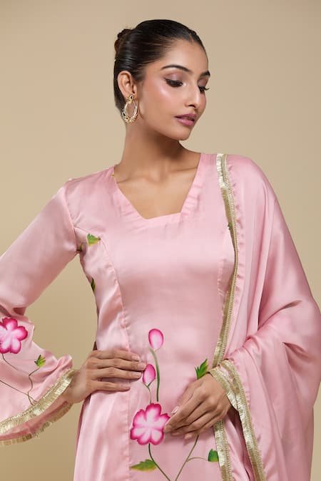 Shop_Samyukta Singhania_Pink Satin Embroidery V-neck Hand Painted Kurta Set _Online_at_Aza_Fashions