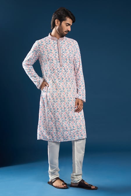 Buy_Arihant Rai Sinha_Pink Cotton, Polyester Embroidery Chikankari Printed Kurta And Pyjama Set _Online_at_Aza_Fashions