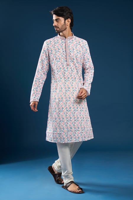 Shop_Arihant Rai Sinha_Pink Cotton, Polyester Embroidery Chikankari Printed Kurta And Pyjama Set _Online_at_Aza_Fashions
