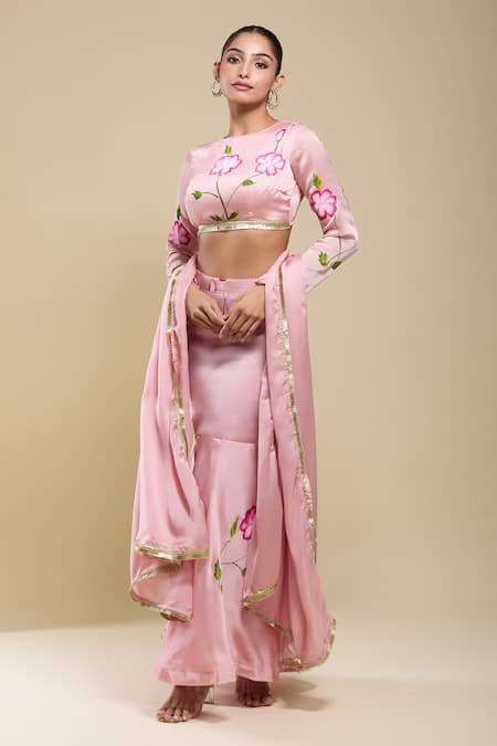 Shop_Samyukta Singhania_Pink Satin Embroidery, Lace Round Neck Padded Blouse And Hand Painted Skirt Set _Online_at_Aza_Fashions